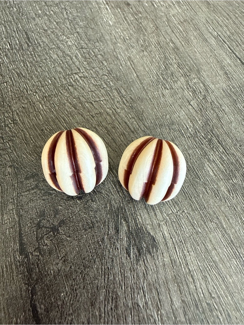 Cream and Brown Striped Round Stud Earrings - Elegant Everyday Style